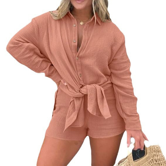 Women button-up summer blouse with shorts Ivyshape