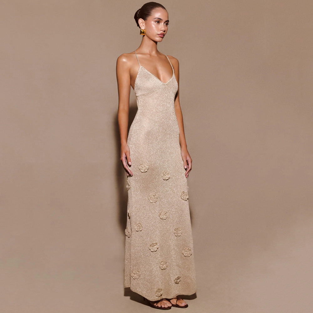 Women's maxi dress with shiny fabric and floral design Ivyshape