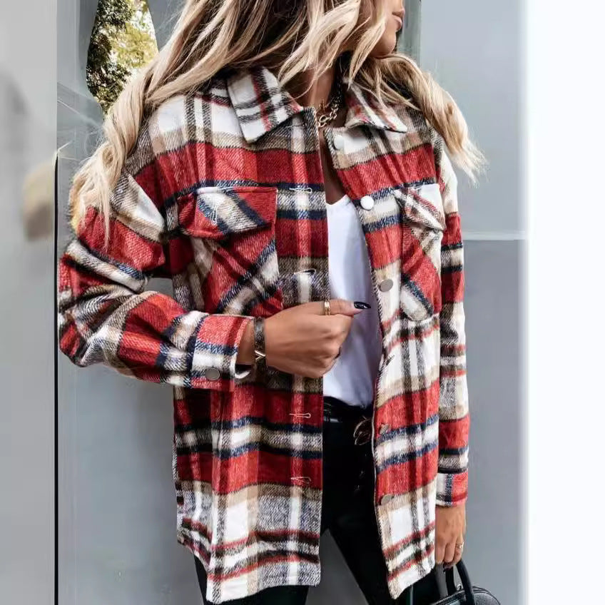 Women casual check blouse with decorative buttons and patch pockets Ivyshape
