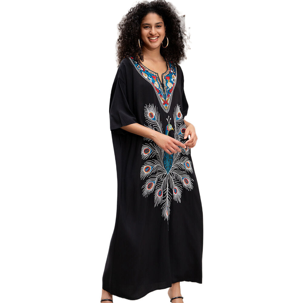 Women's versatile maxi dress with artistic peacock motif Ivyshape