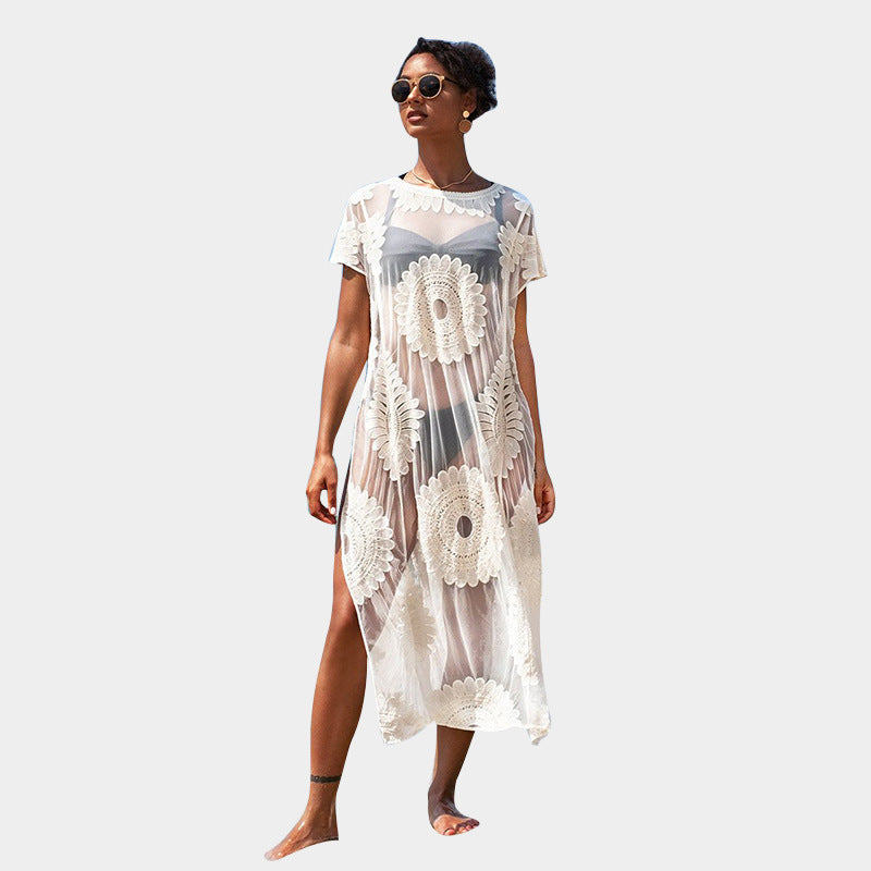 Ladies Transparent Crochet Beach Robe with Floral Pattern Ivyshape