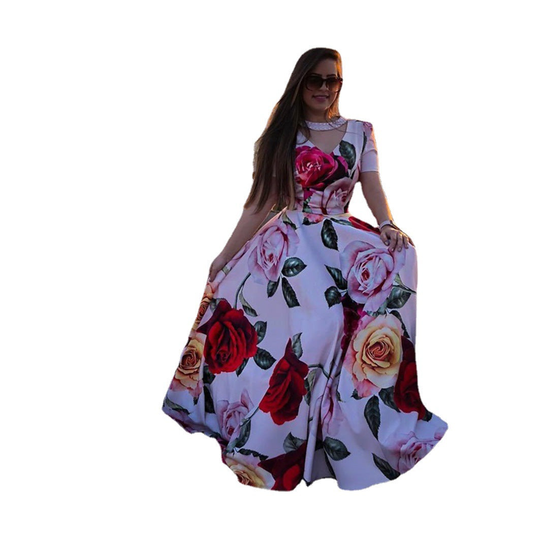 Ladies maxi dress with romantic floral design and elegant round neckline Ivyshape