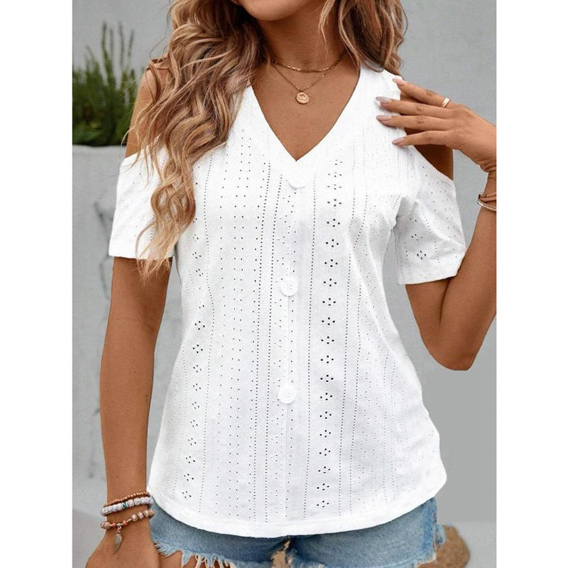 Ladies V-neck top with cutouts and decorative buttons Ivyshape