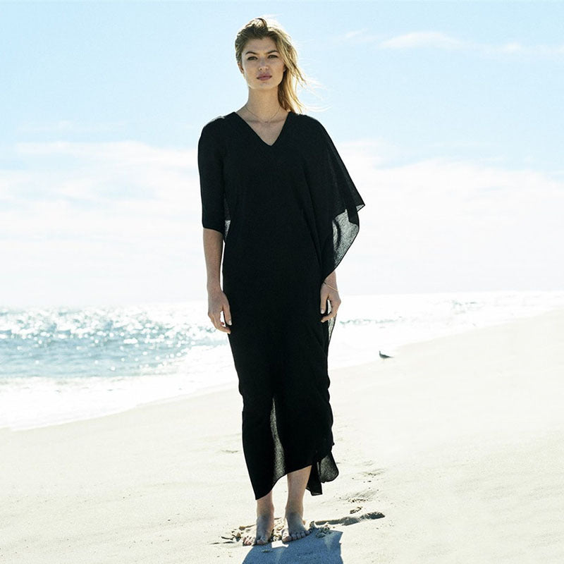 Women's airy beach cover-up with elegant V-neck and flowing coat style Ivyshape