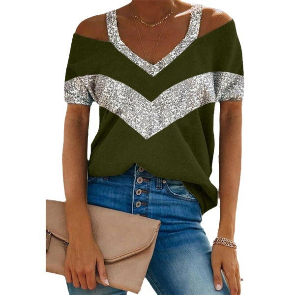 Women V-Neck Sequin Accent Casual Top Ivyshape