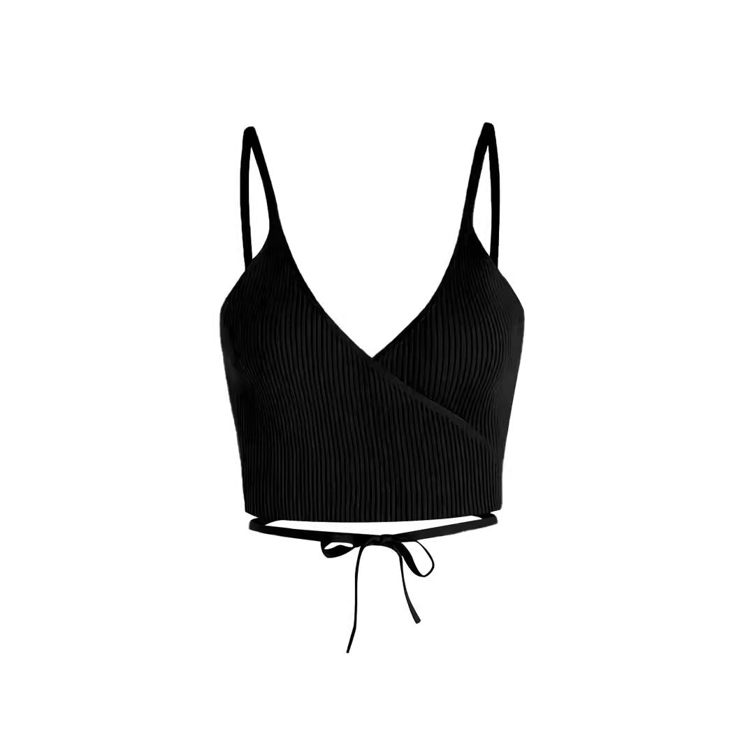 Ladies cropped interface top with V-neck and tie belt Ivyshape
