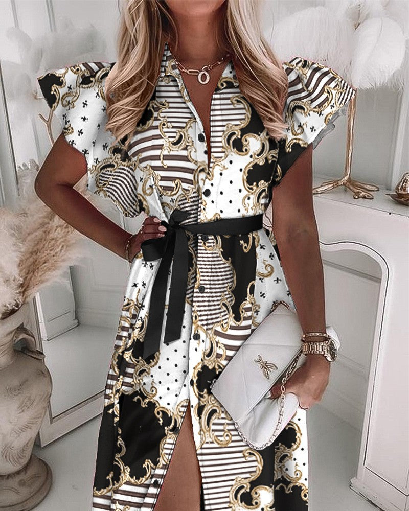Women's shirt dress with luxurious chain pattern and voluminous sleeves Ivyshape