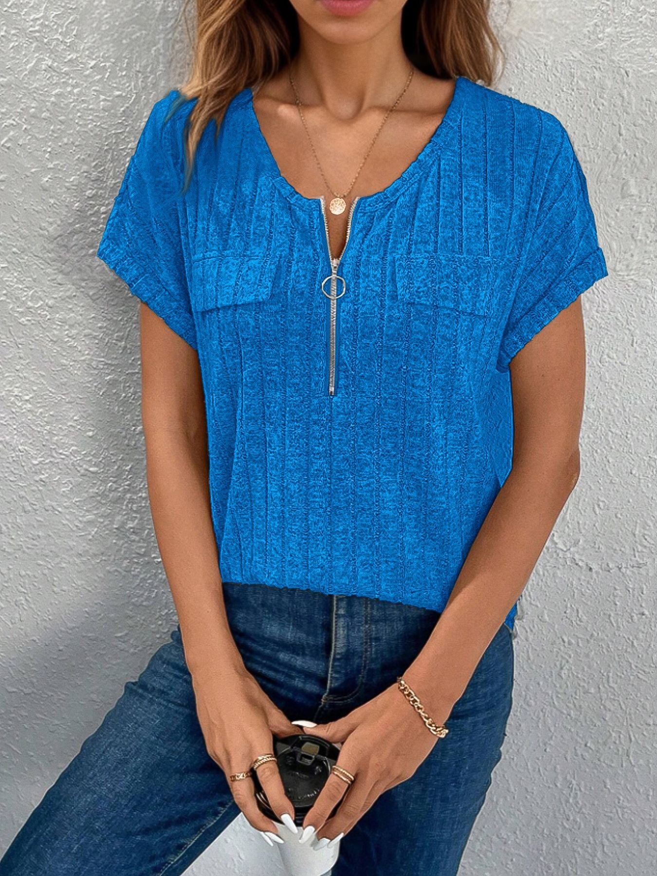 Women Rib Pockets Zip-Up Top Ivyshape