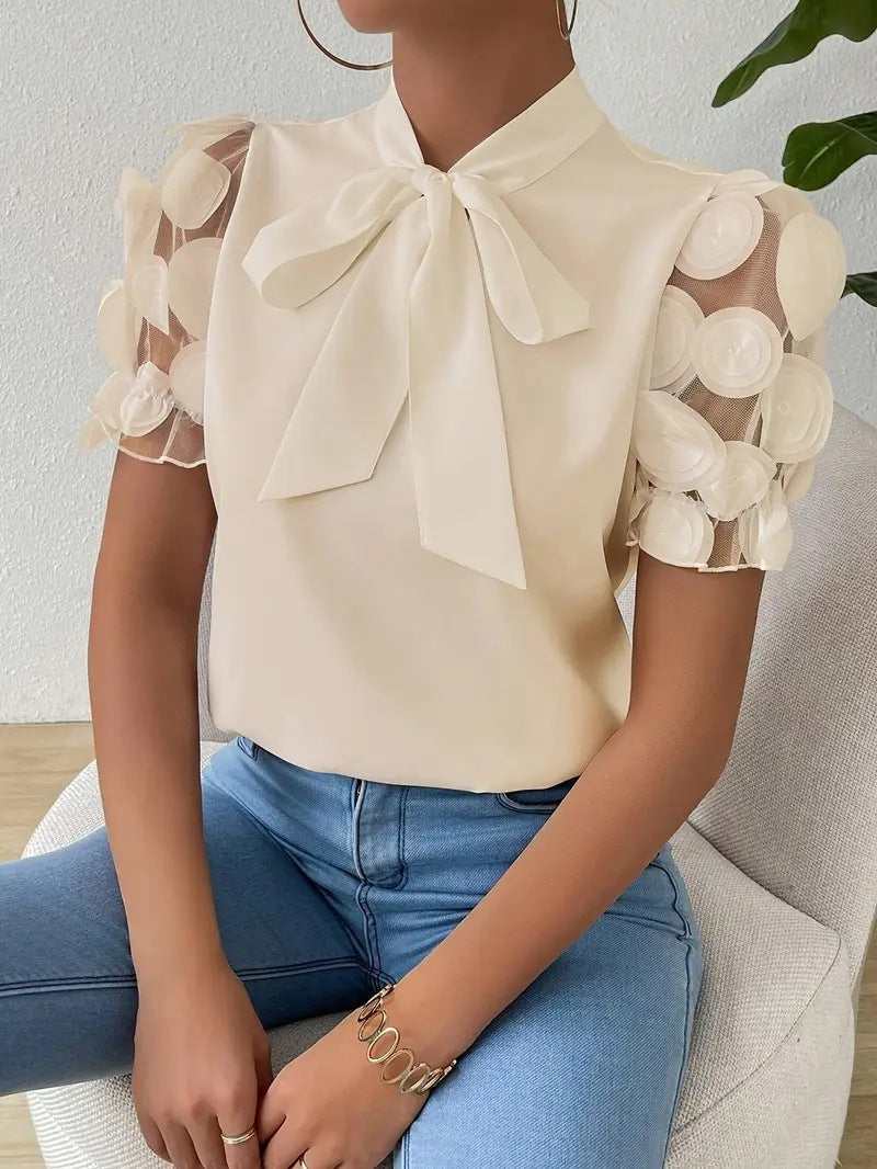 Women's blouse with transparent puff sleeves and chic bow Ivyshape