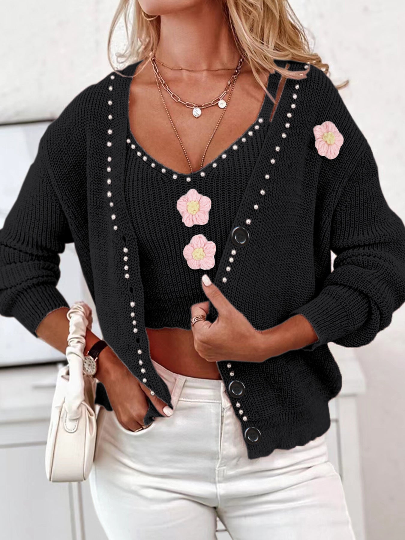 Women's fashionable knit cardigan with floral appliqués and pearl details Ivyshape