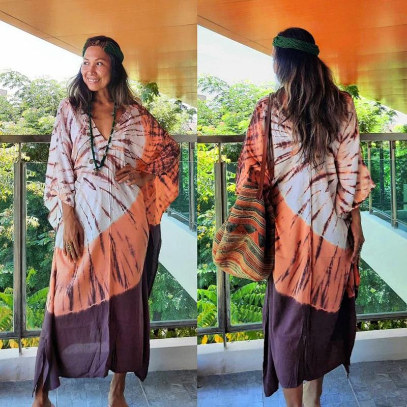 Women's kaftan with timeless batik pattern and elegant V-neck Ivyshape