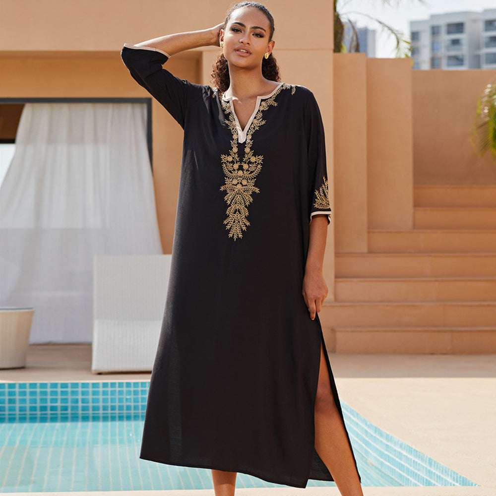 Women's Maxi Kaftan with Elegant Gold Embroidery Ivyshape