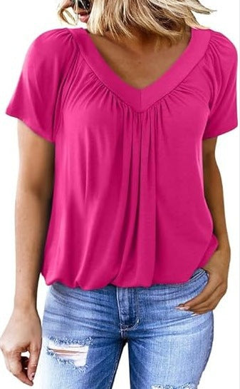 Women Pleated V-Neck Casual Top Ivyshape