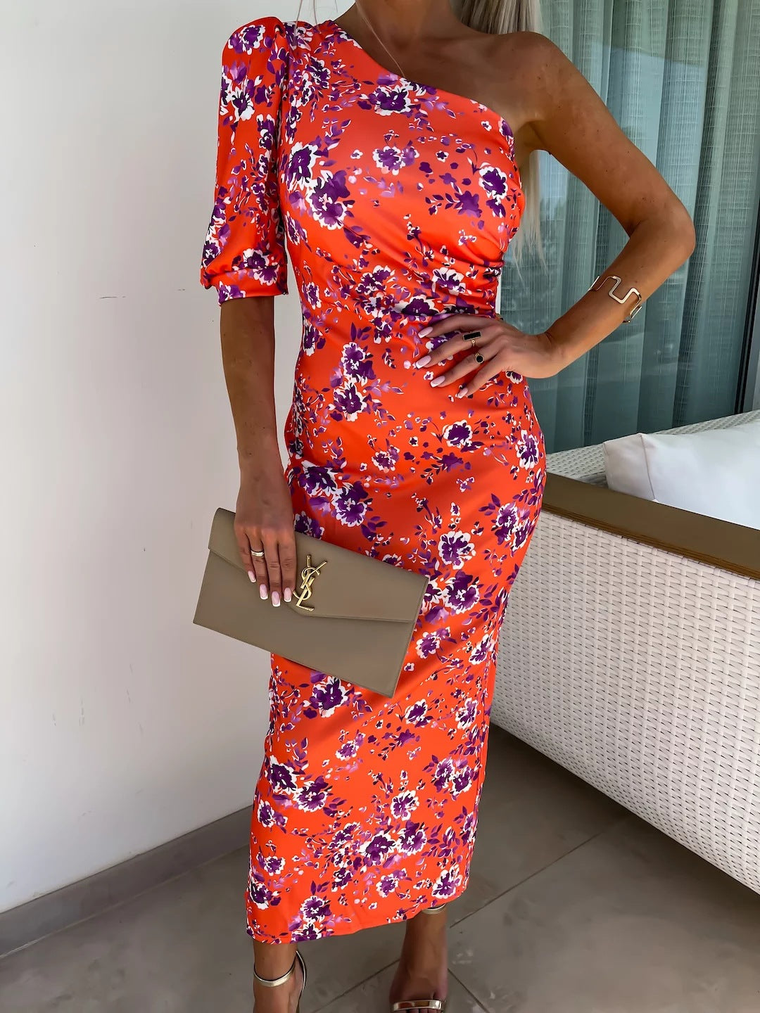 Women Elegant One-Shoulder Maxi Dress with Puff Sleeves and Striking Pattern Ivyshape
