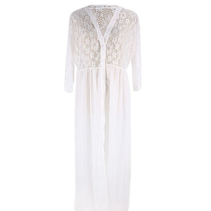 Women's elegant beach cover-up with romantic crochet accents and airy silhouette Ivyshape