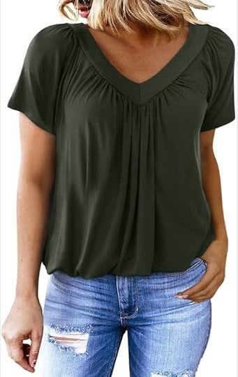 Women Pleated V-Neck Casual Top Ivyshape