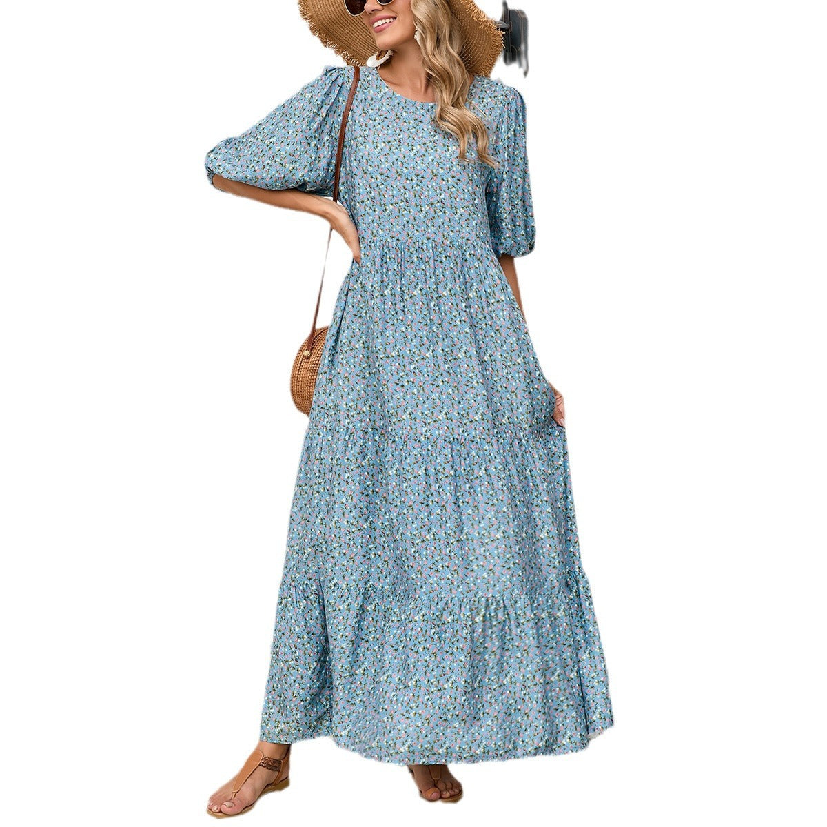 Women's maxi dress with playful floral design and elastic waist tie Ivyshape