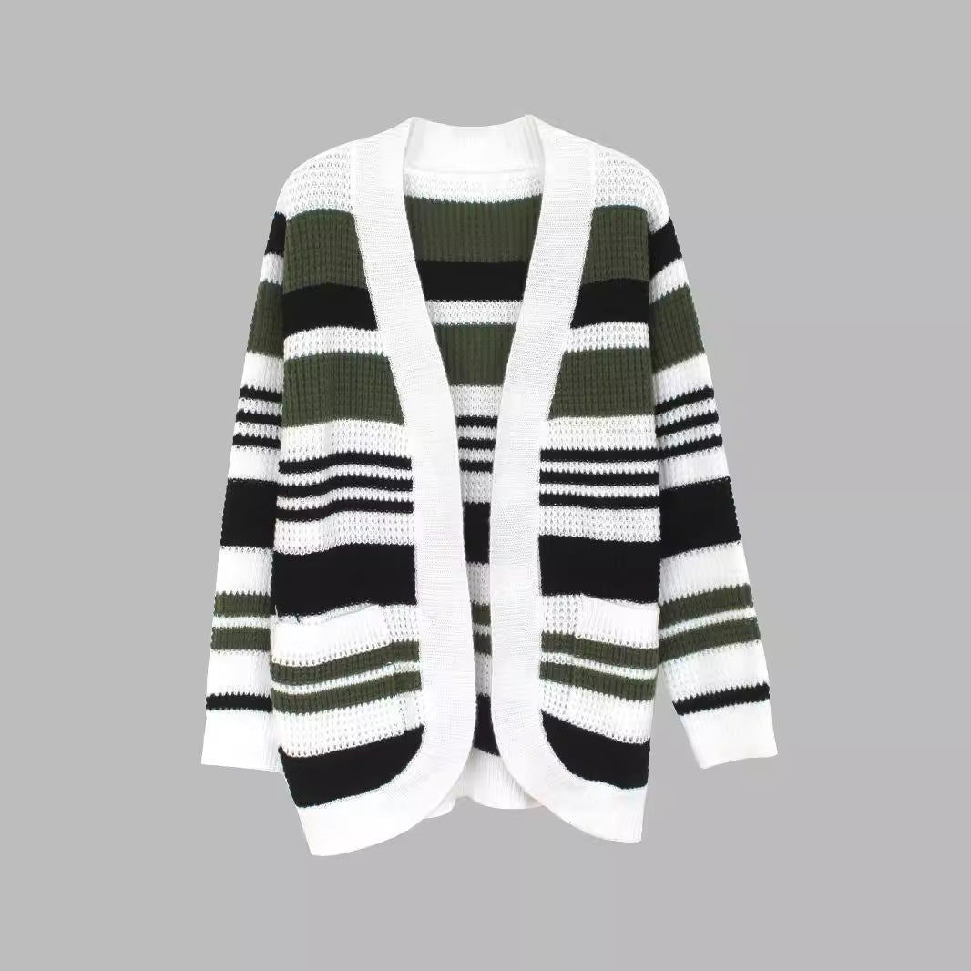 Women's casual knit cardigan with colorful striped pattern Ivyshape