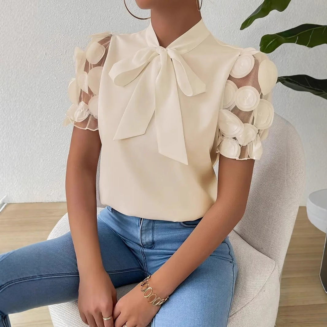Women's blouse with transparent puff sleeves and chic bow Ivyshape