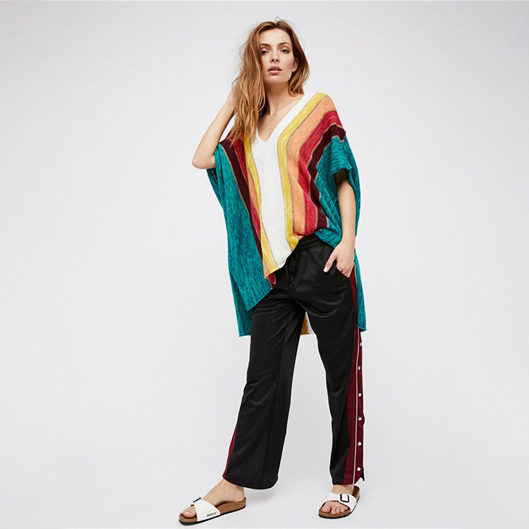 Women's casual beach cover-up with modern stripe pattern and deep V-neck Ivyshape