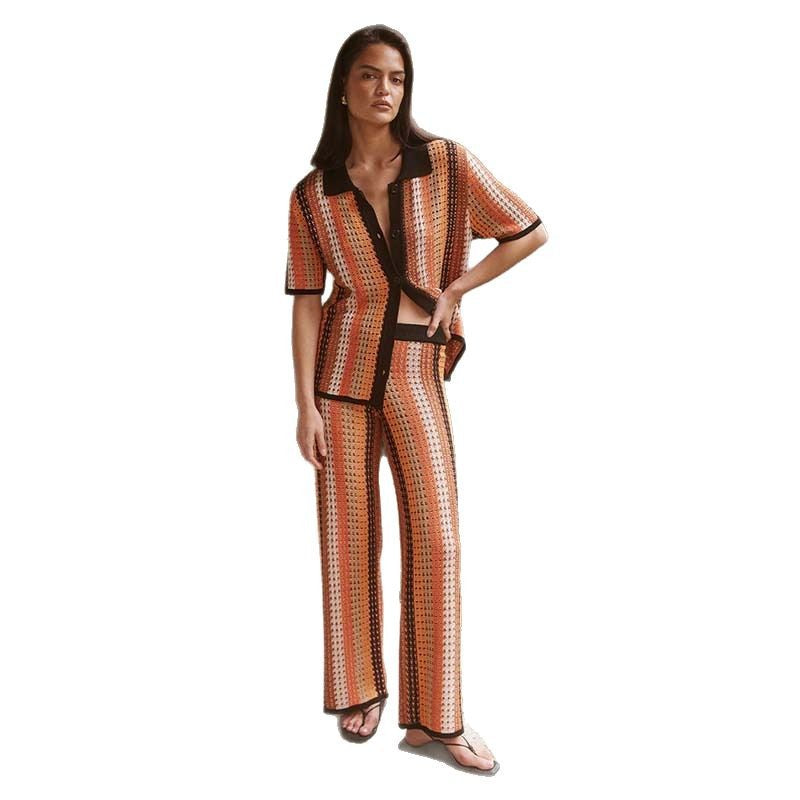 Women Two-Piece Set with Geometric Pattern and Short Sleeve Jacket Ivyshape