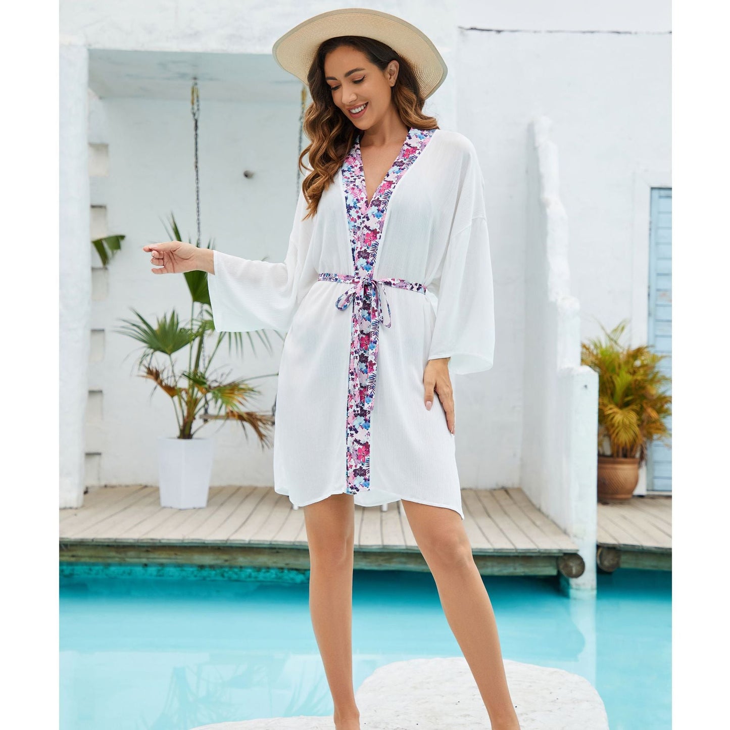 Women's printed kimono with wide sleeves and adjustable belt Ivyshape