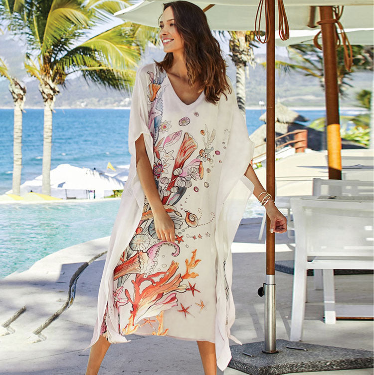 Women’s beach tunic with intricate underwater design and wide sleeves Ivyshape