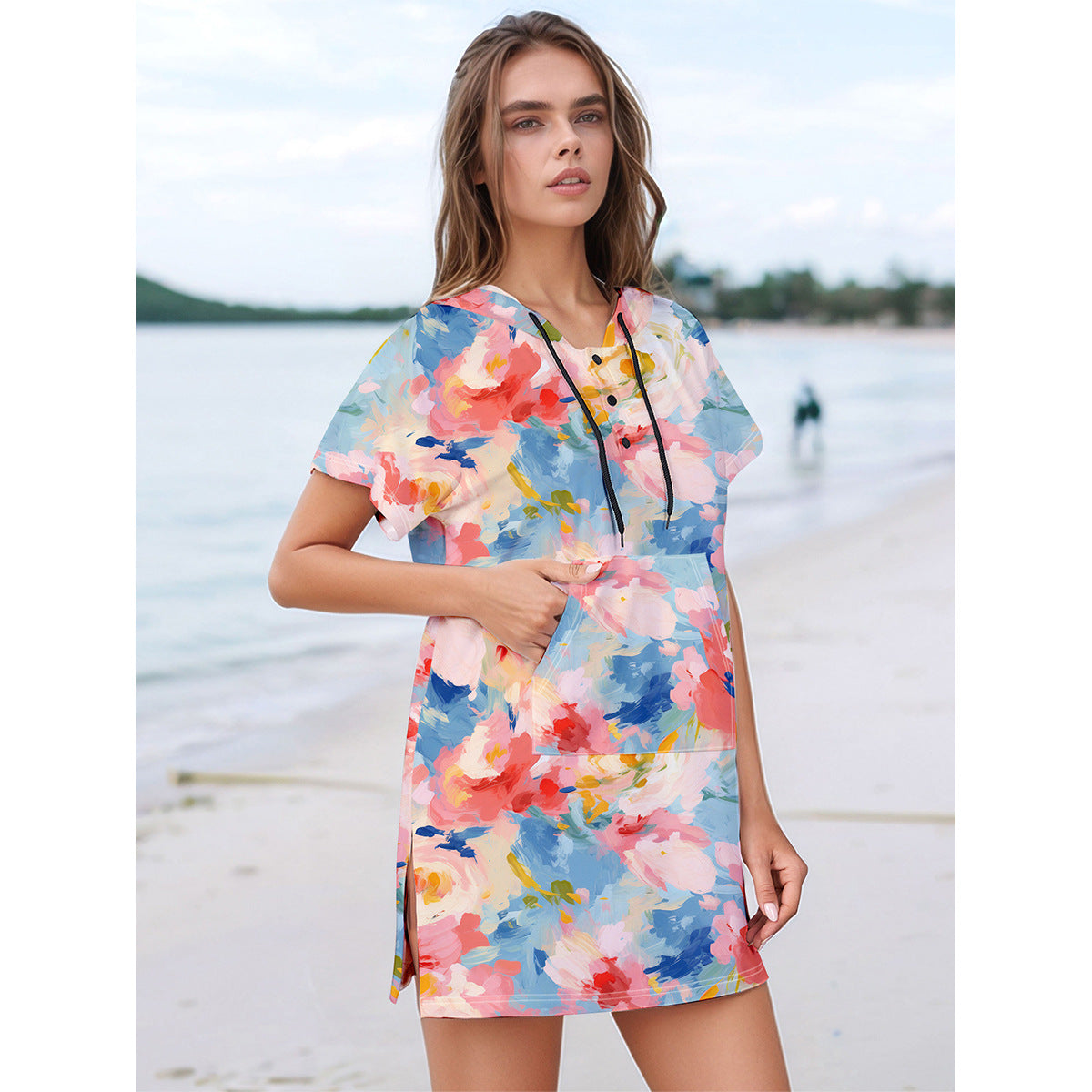 Women's beach dress with practical hood and button details Ivyshape
