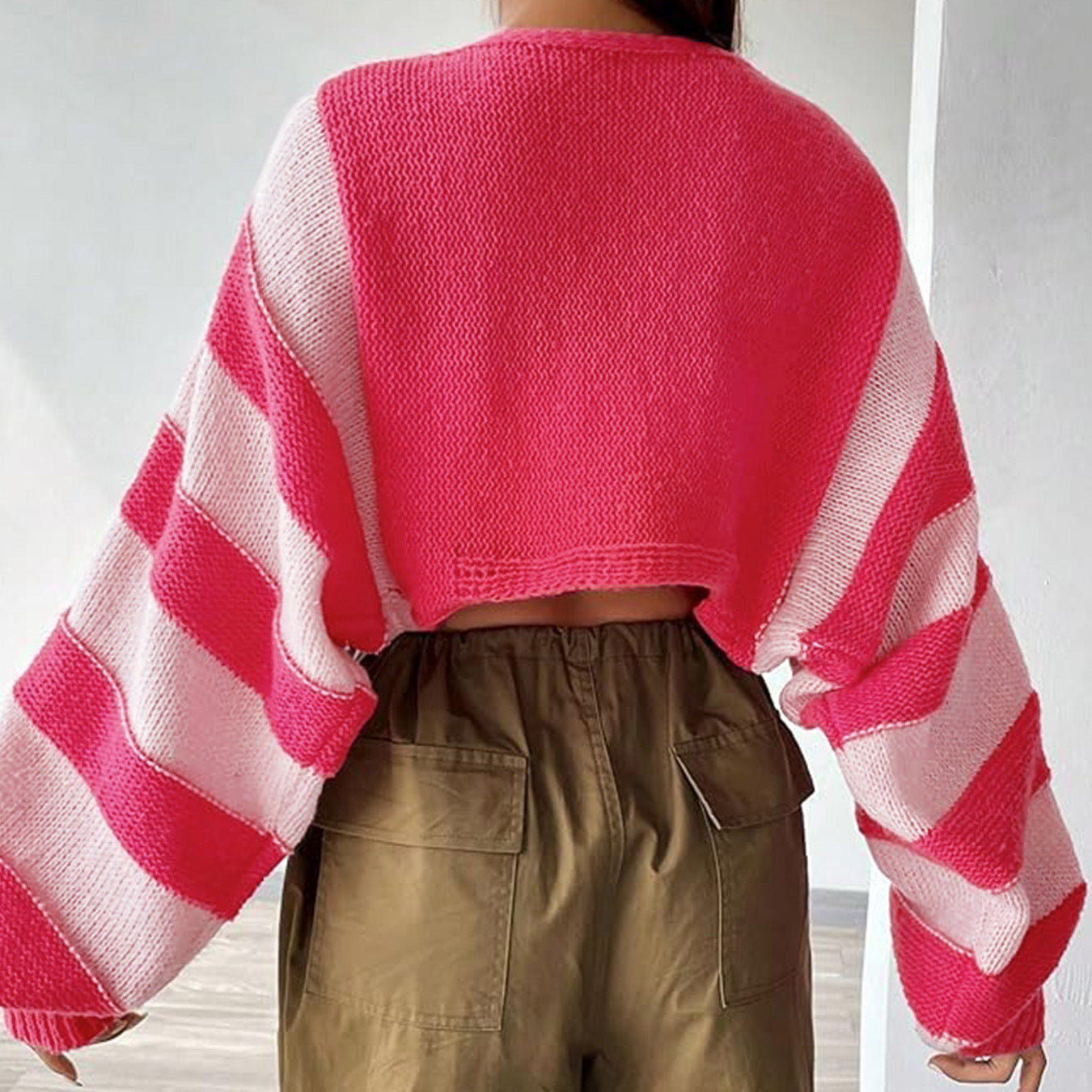 Women Oversized Knit Cardigan with Striking Stripe Pattern and Casual Sleeves Ivyshape