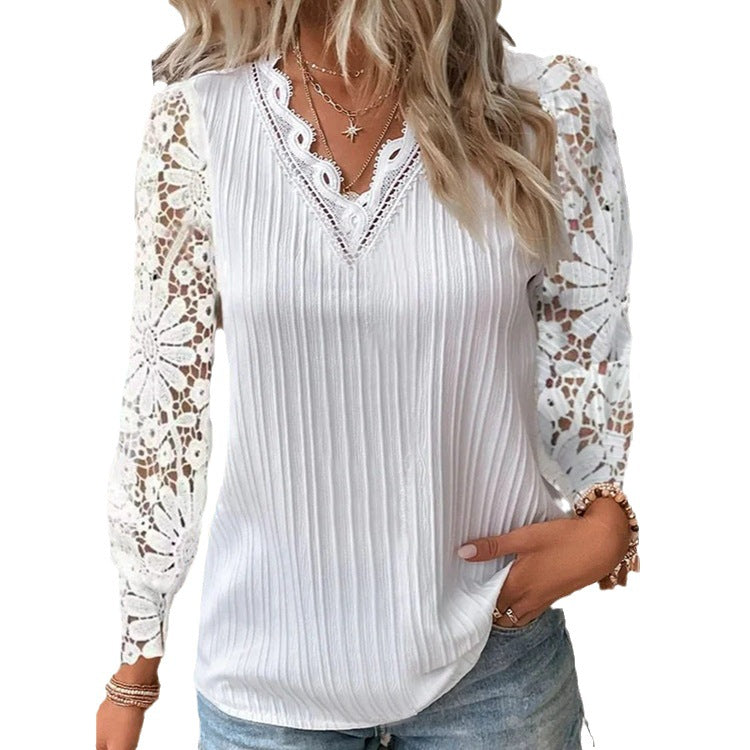 Women's blouse with elegant lace sleeves and longitudinal ribbed structure Ivyshape