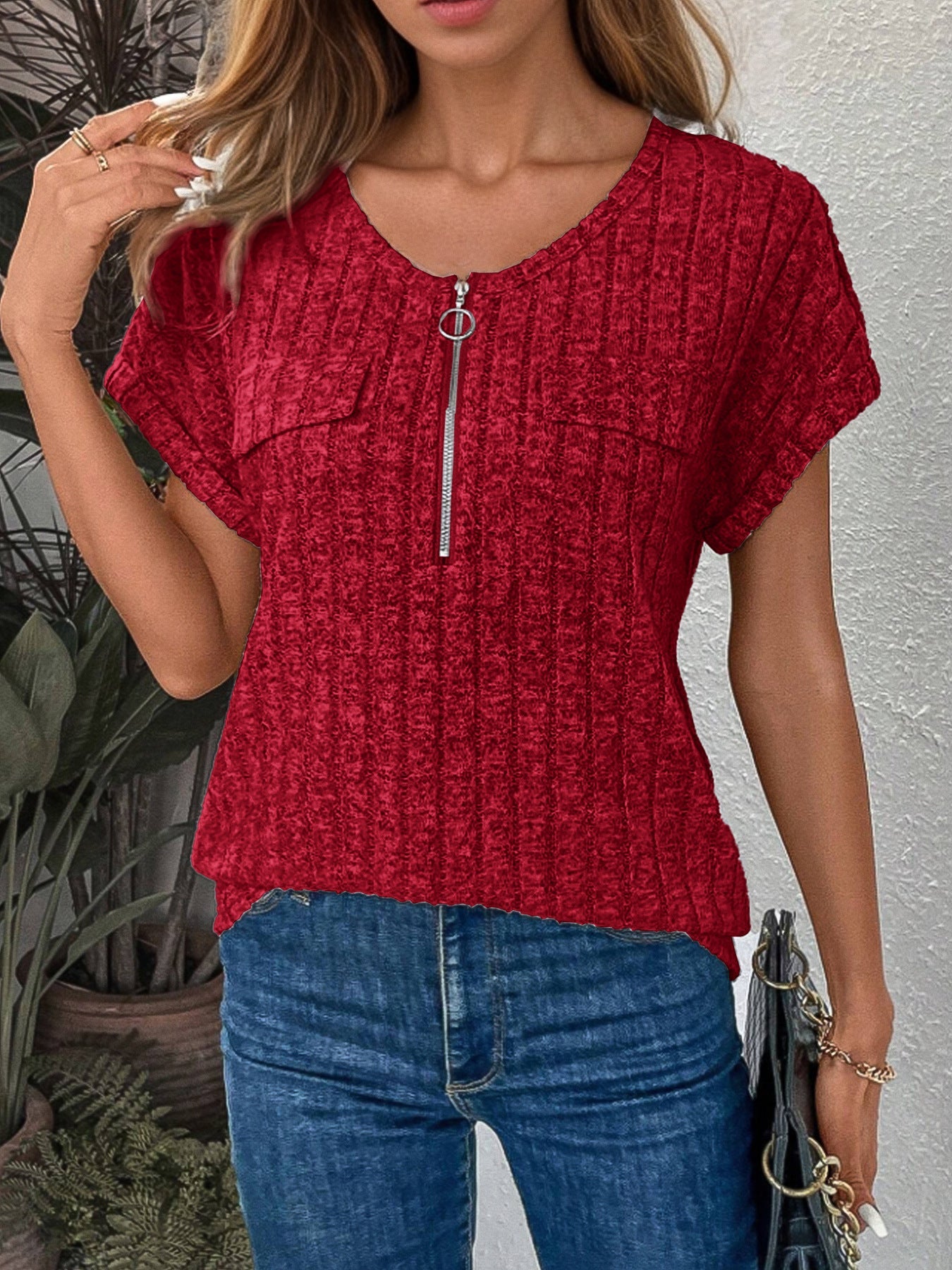 Women Rib Pockets Zip-Up Top Ivyshape
