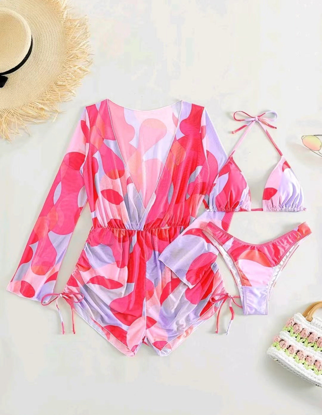 Women's beach dress with deep V-neck and long sleeves Ivyshape