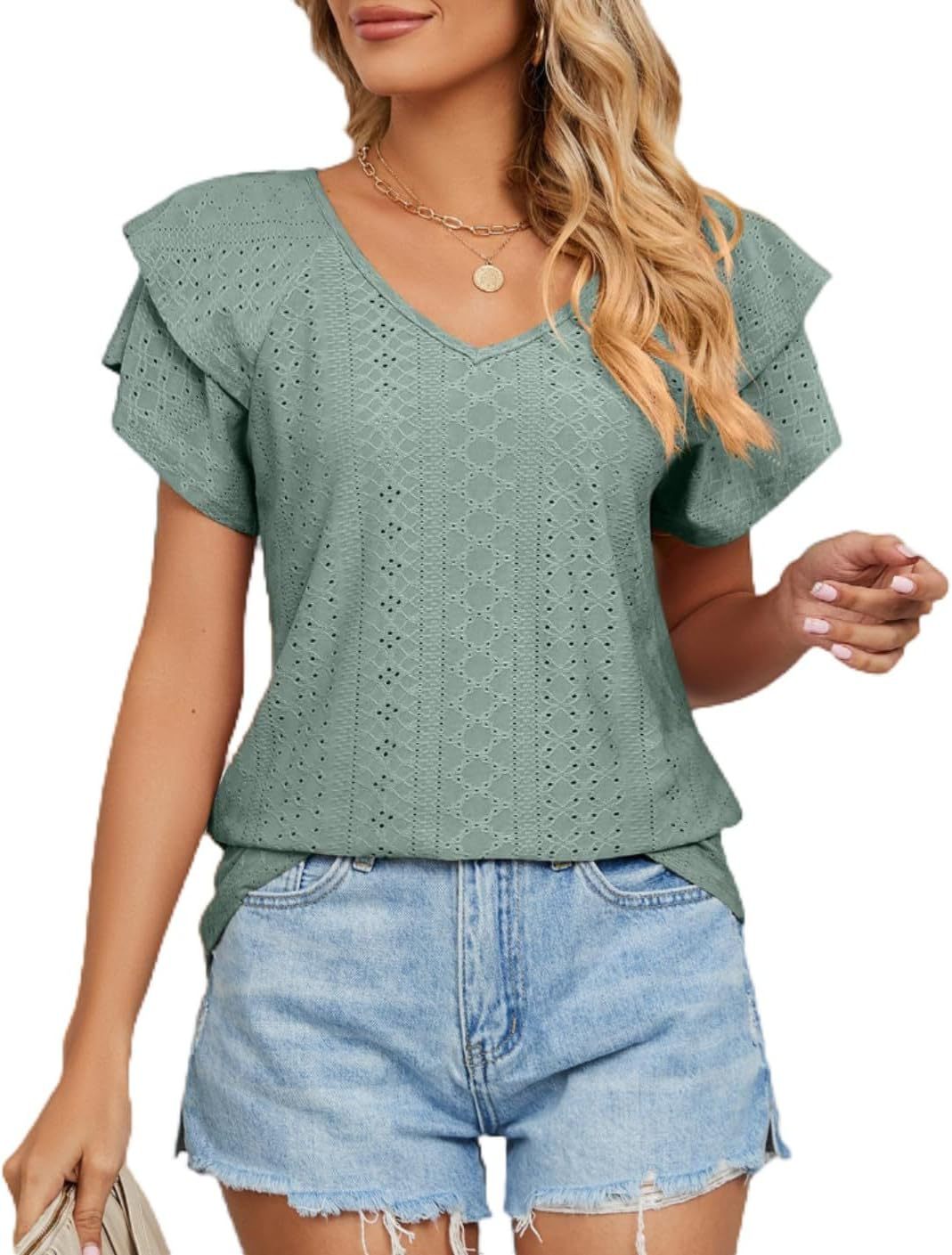 Women Broderie Anglaise V-Neck Top Ivyshape