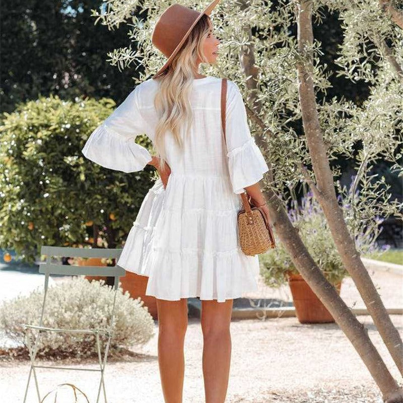 Ladies airy summer dress with ruffle details and button placket Ivyshape