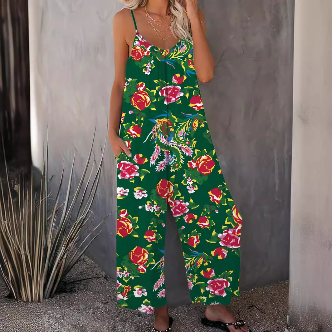 Ladies Floral Print Wide Leg Jumpsuit Ivyshape