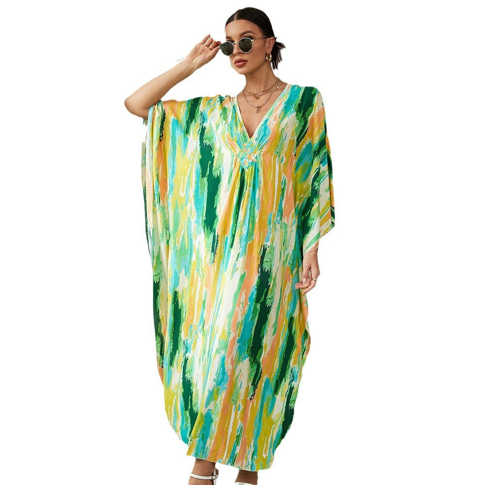 Ladies beach kaftan with elegant V-neck and colorful pattern Ivyshape