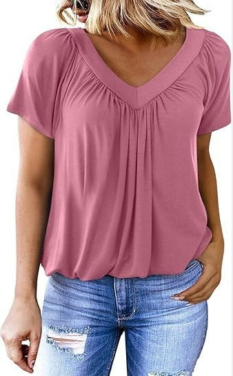 Women Pleated V-Neck Casual Top Ivyshape