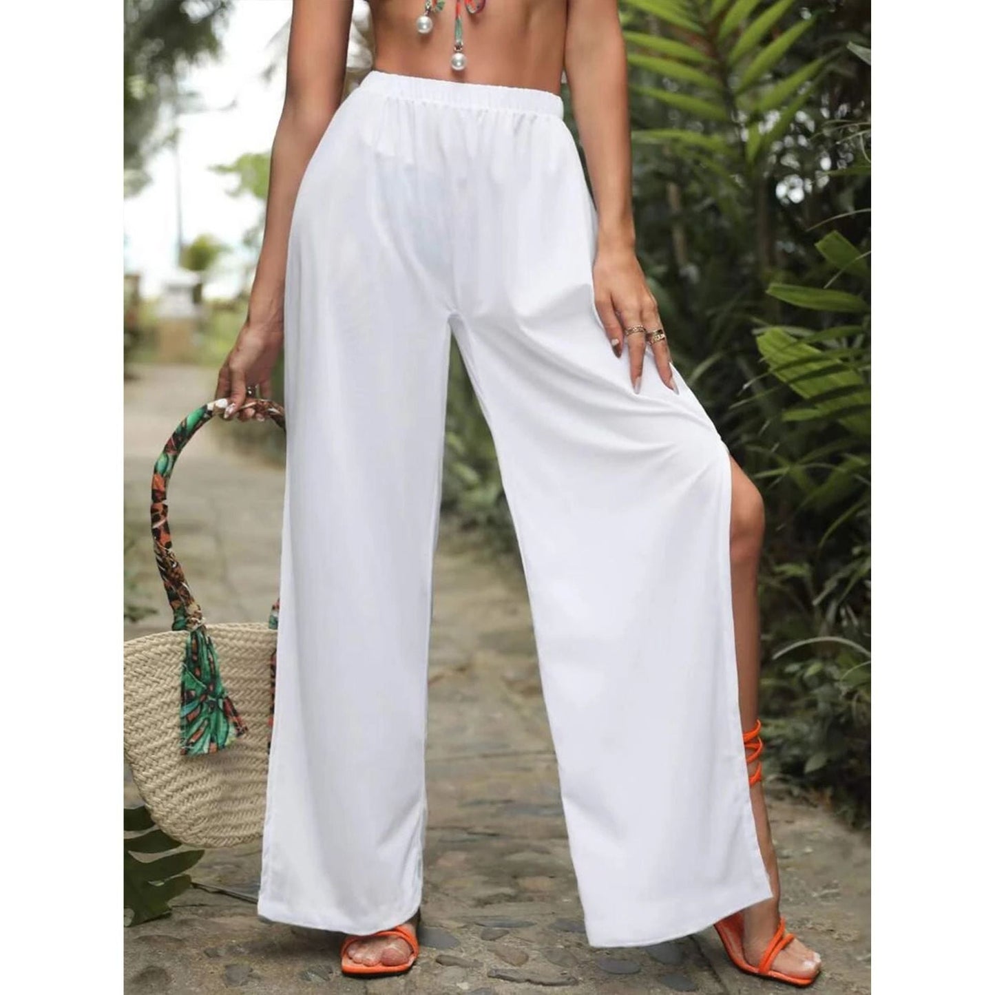 Women's airy beach pants with side slits and elastic waistband Ivyshape