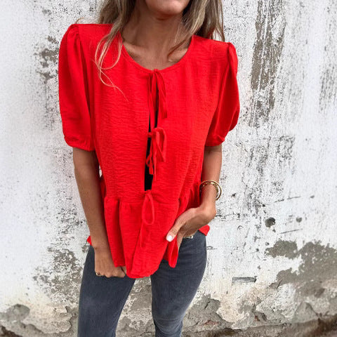 Ladies Ruffle Peplum Blouse with Tied Belt Ivyshape