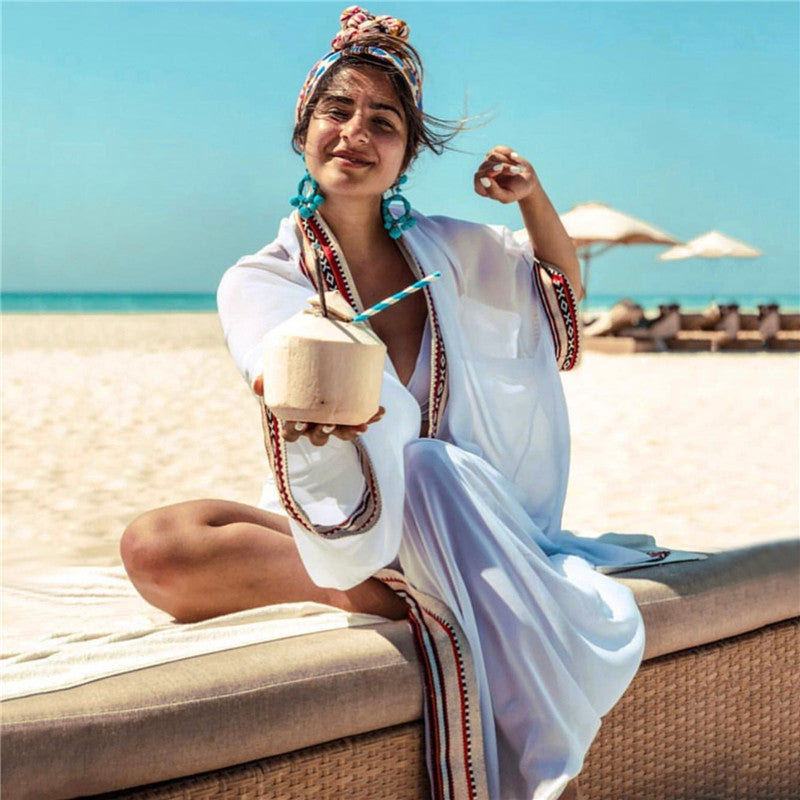 Ladies elegant beach cover-up with elaborate decorations Ivyshape