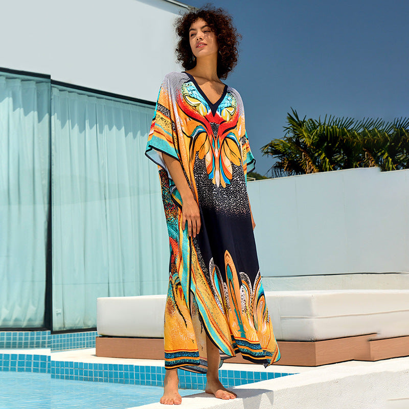Ladies beach kaftan with cheerful floral design and loose fit Ivyshape