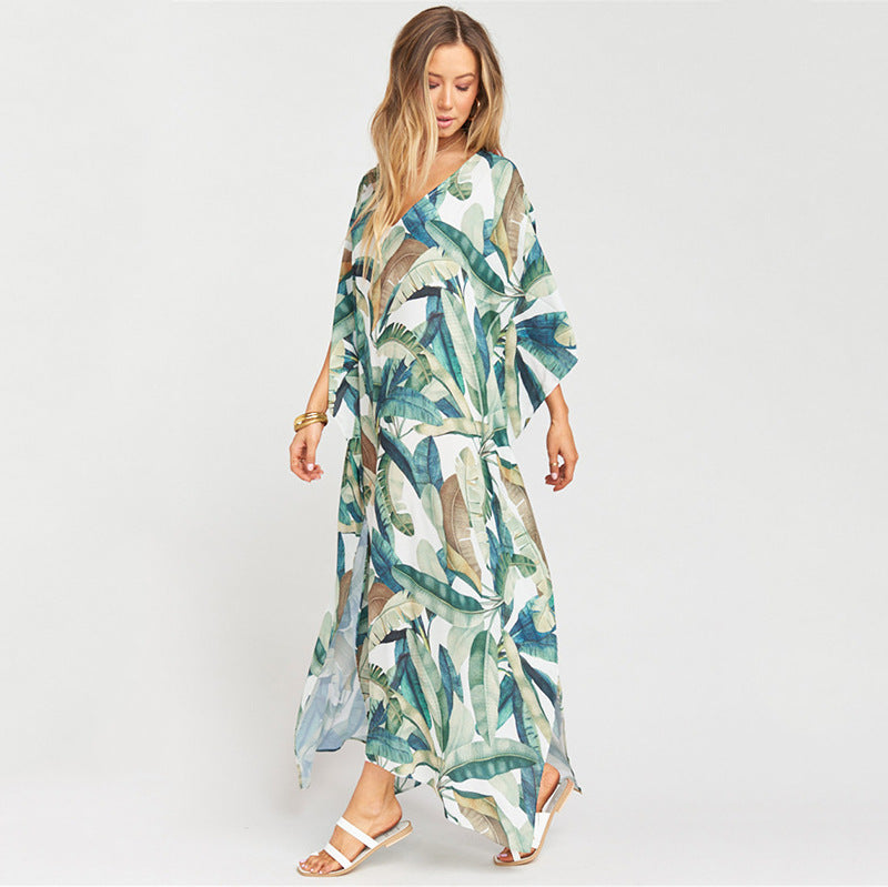 Ladies beach kaftan with floral leaf pattern and elegant cut Ivyshape