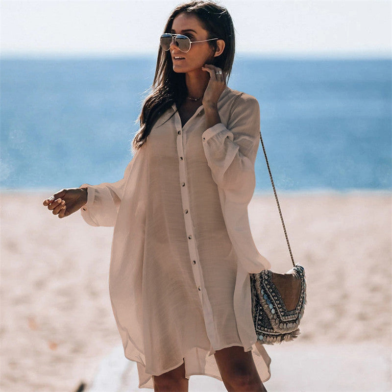 Women's Casual Beach Shirt Dress with Button Detail and Loose Fit Ivyshape