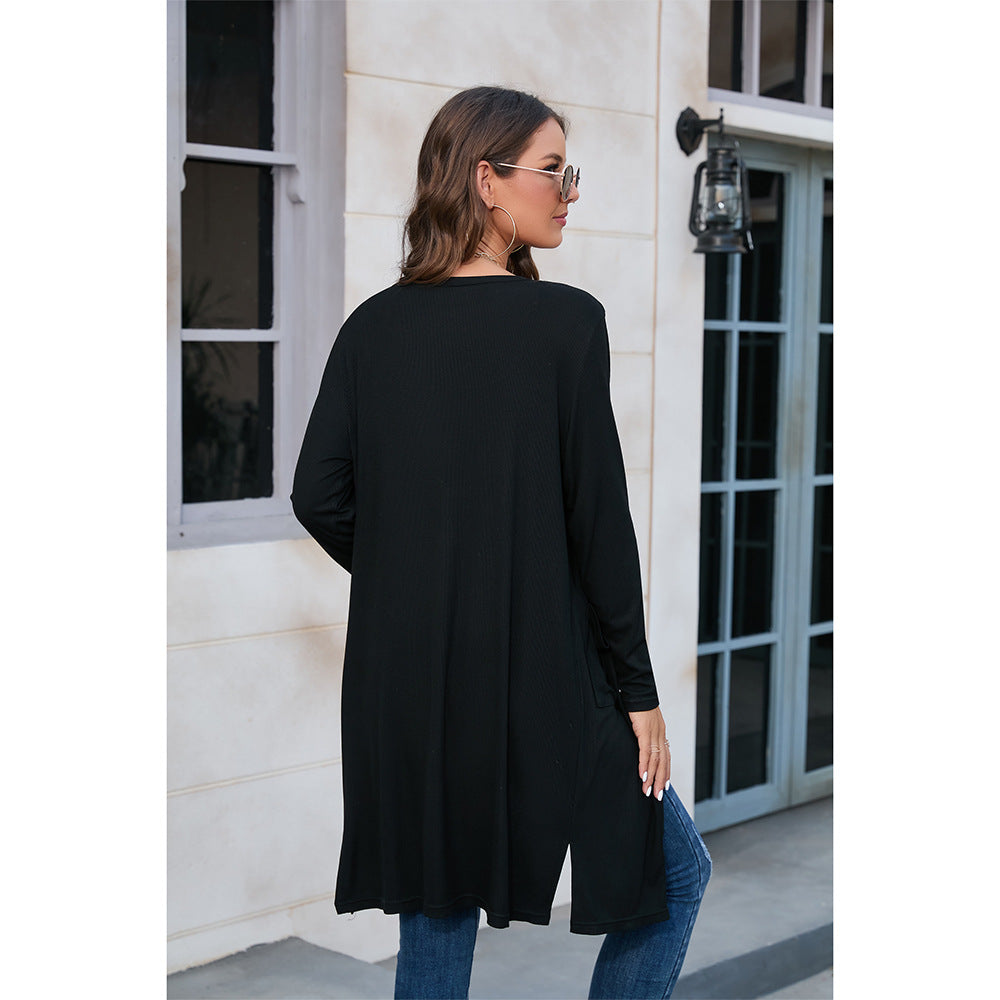 Ladies casual long cardigan with practical pockets and elegant V-neck Ivyshape