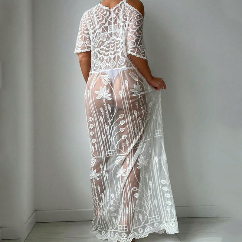 Women's transparent crochet beach cover-up with floral patterns Ivyshape