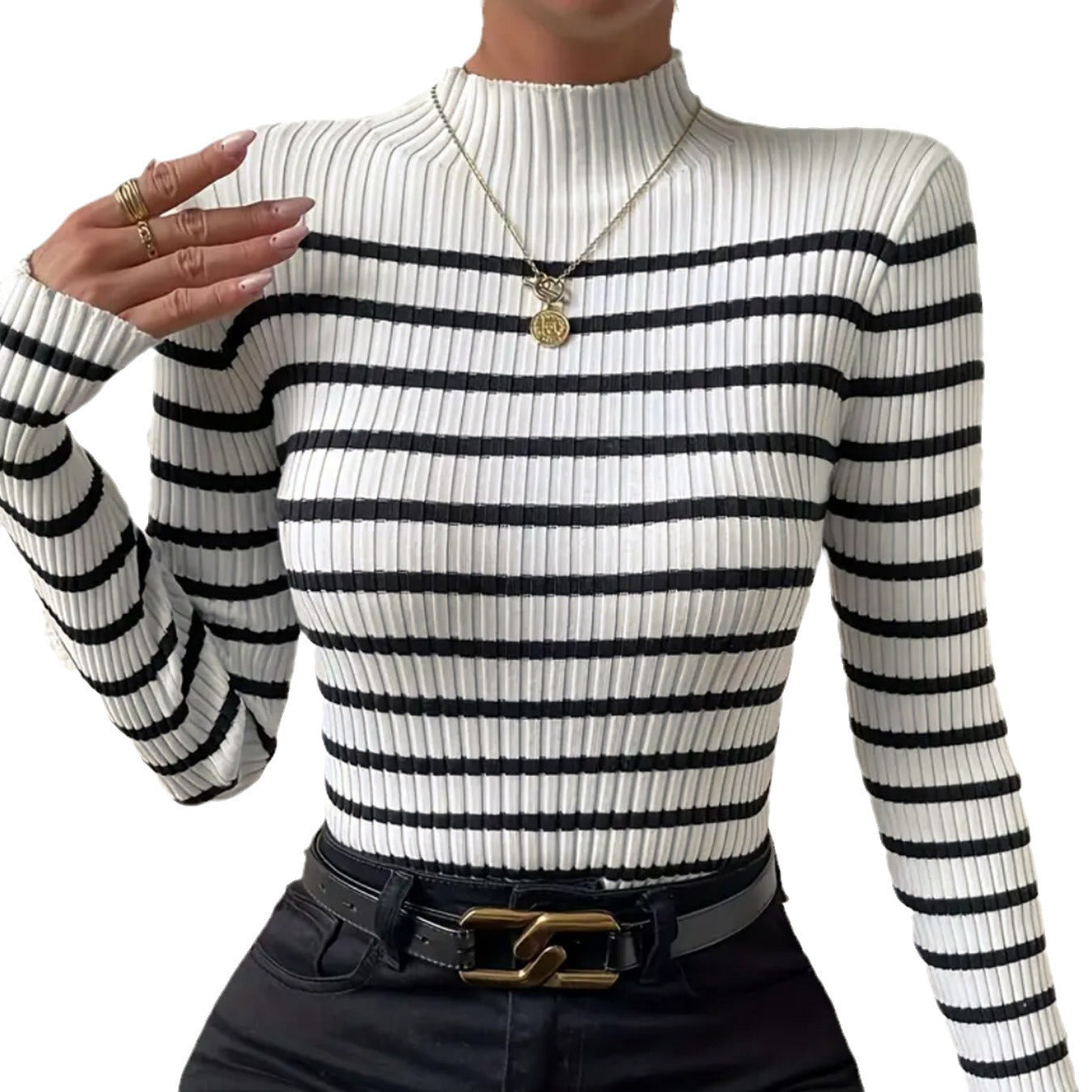 Women's Long Sleeve Ribbed Top with Striped Design Ivyshape