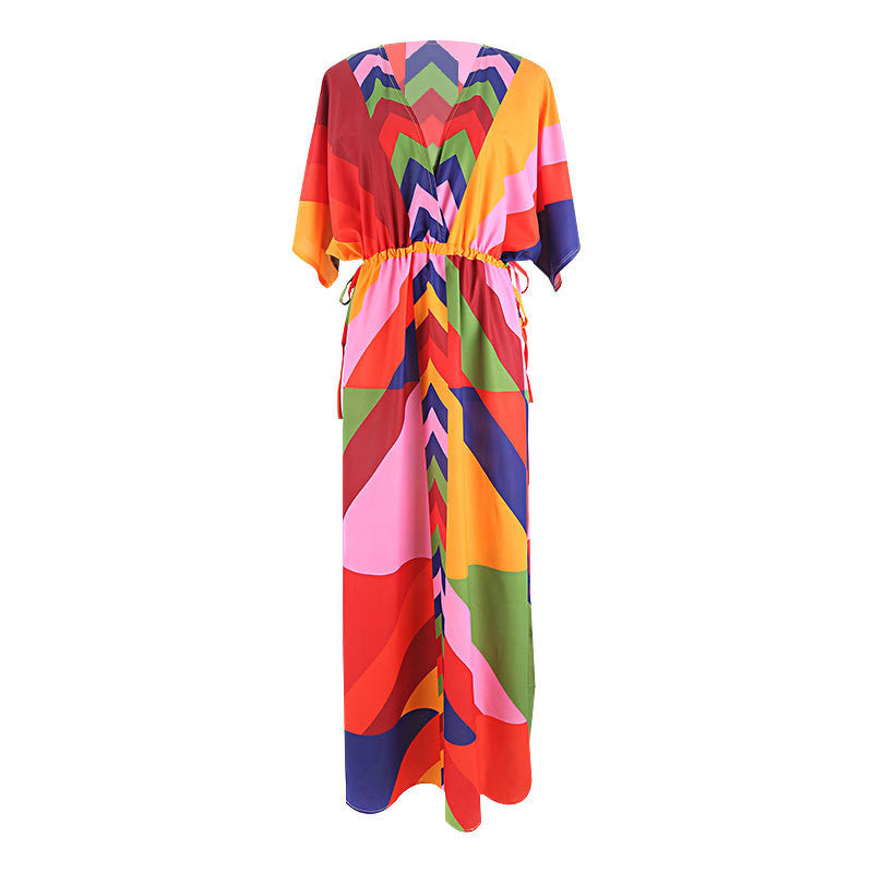 Women’s maxi dress with colorful geometric pattern mix and side slit Ivyshape