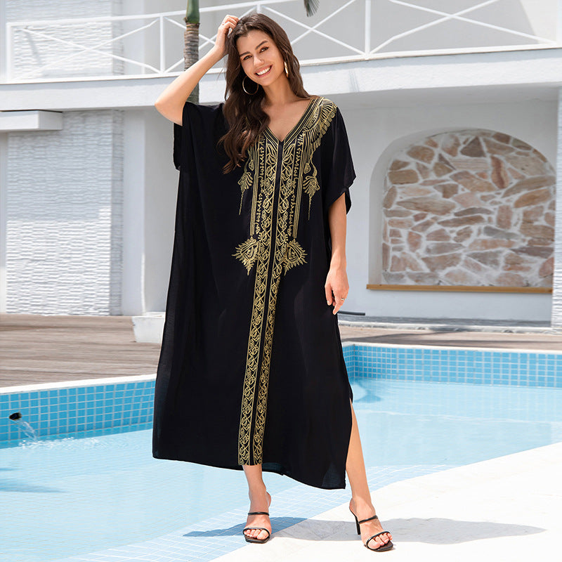 Ladies Kaftan dress with ornate gold embroidery and side slits Ivyshape