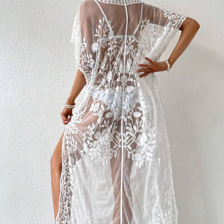 Women's Transparent Beach Robe with Floral Crochet Pattern Ivyshape