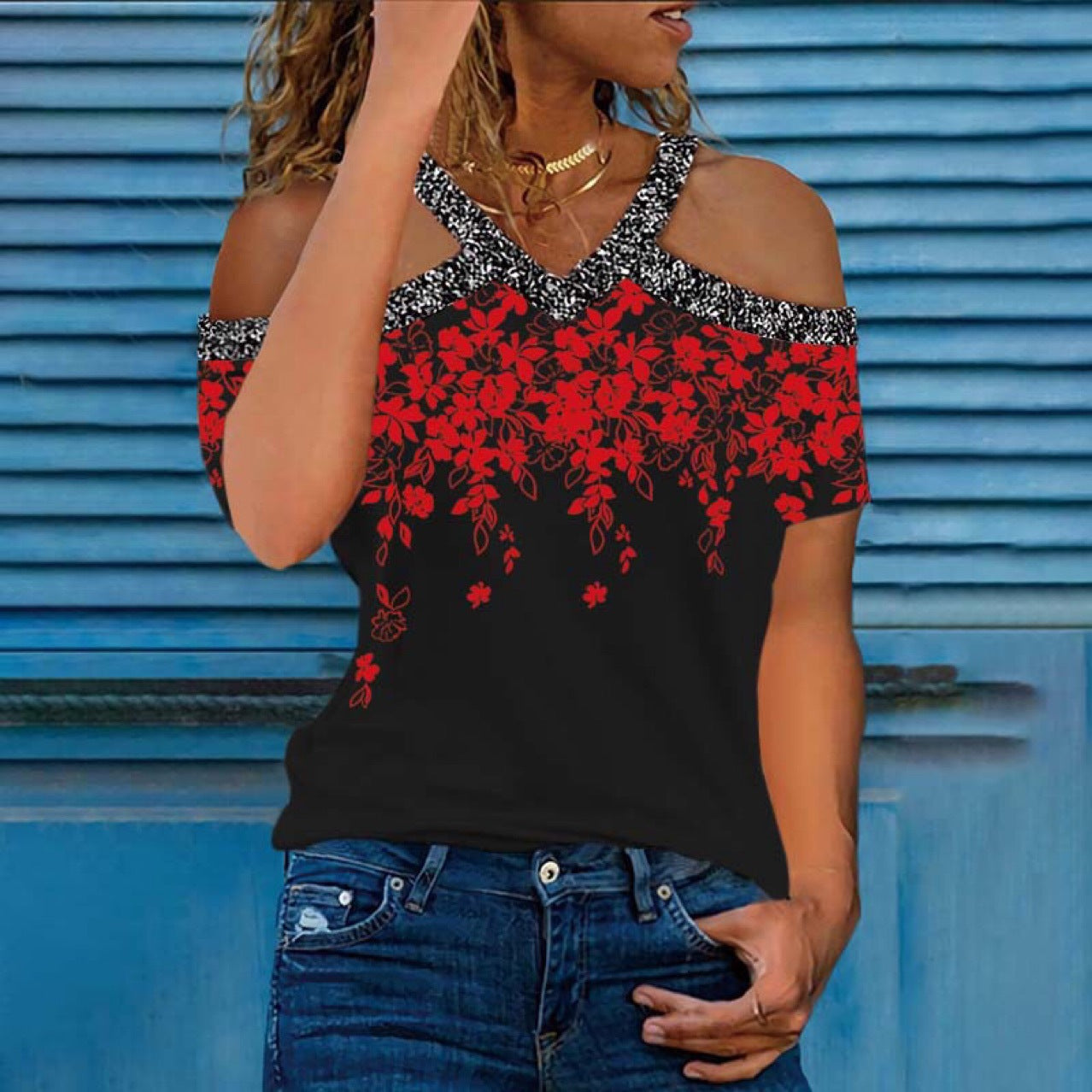 Women's Cold Shoulder Flower Pattern Top Ivyshape